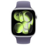 ساعة Apple Watch Series 11 الذكية بنظام تحديد المواقع العالمي (GPS)، هيكل من الألومنيوم الفضي مقاس 46 مم مع سوار رياضي ضبابي أرجواني (متوسط/كبير)، MEVA4AF/A