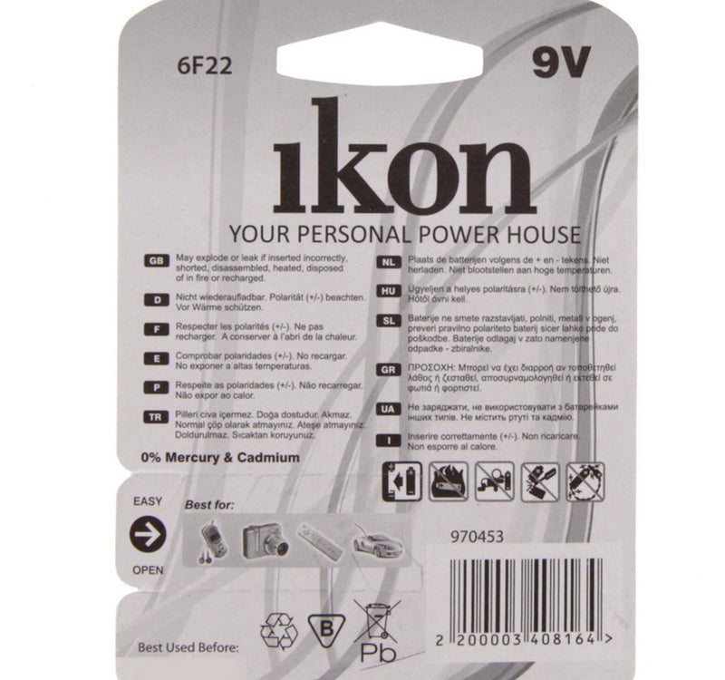 Ikon Super Heavy Duty 9V Battery IK6F22BP1, 1pc Pack