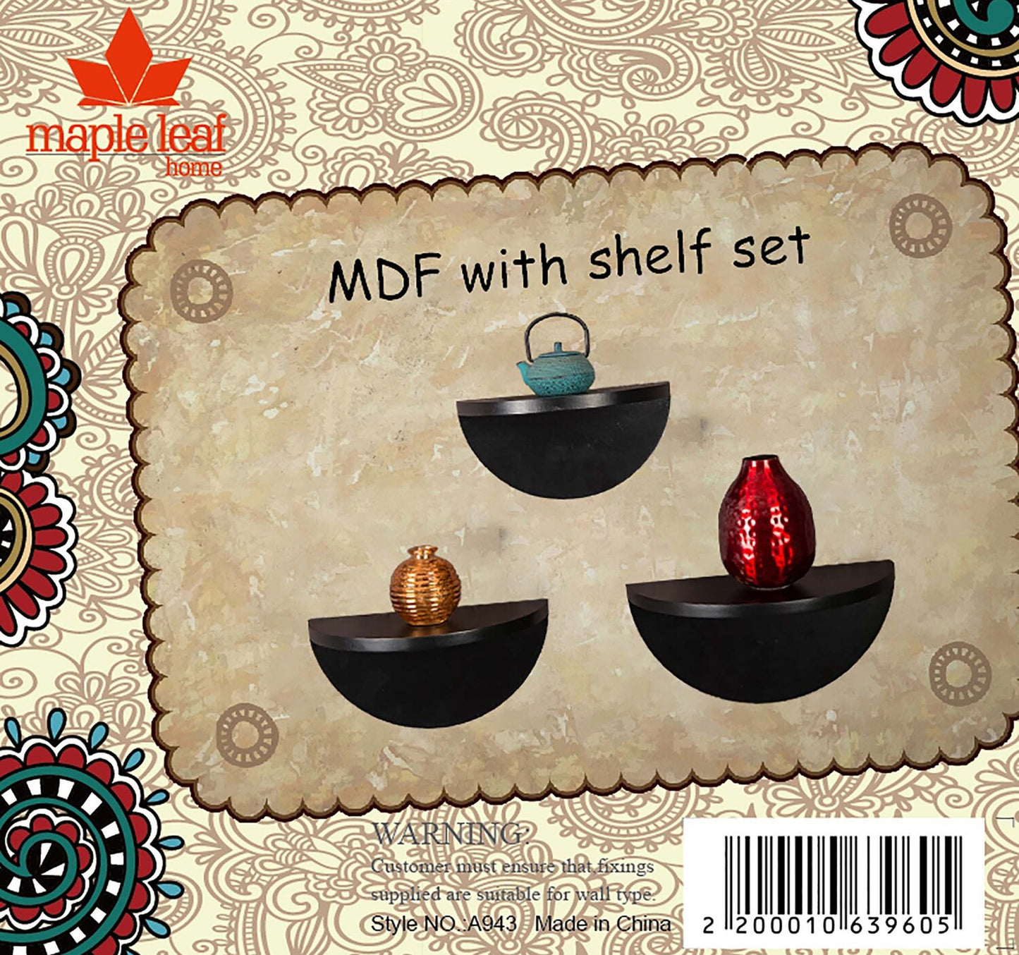 Maple Leaf Home MDF Wood Wall Shelf, Black, A943P