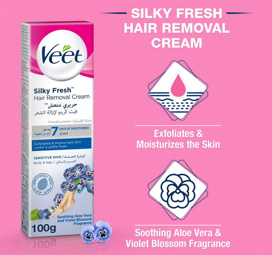 Veet Silky Fresh Hair Removal Cream Soothing Aloe Vera & Violet Blossom Scent 100 g
