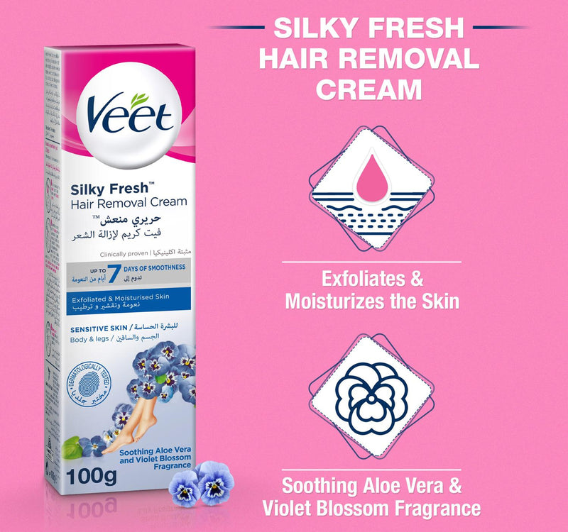 Veet Silky Fresh Hair Removal Cream Soothing Aloe Vera & Violet Blossom Scent 100 g