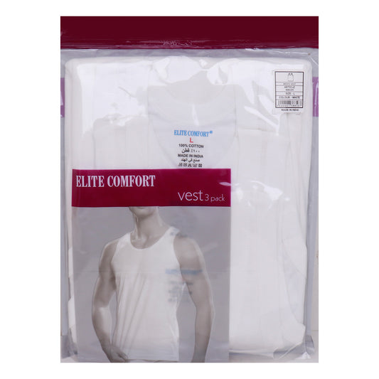 Elite Comfort Cotton Men's Vest, L, 3 pcs, White, ELXVW