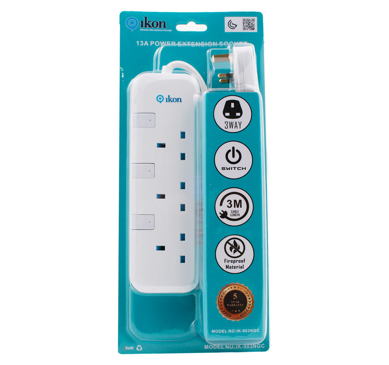 Ikon 3 Way Extension Socket, 3250W, 3m Cable Length, IK-903NGC
