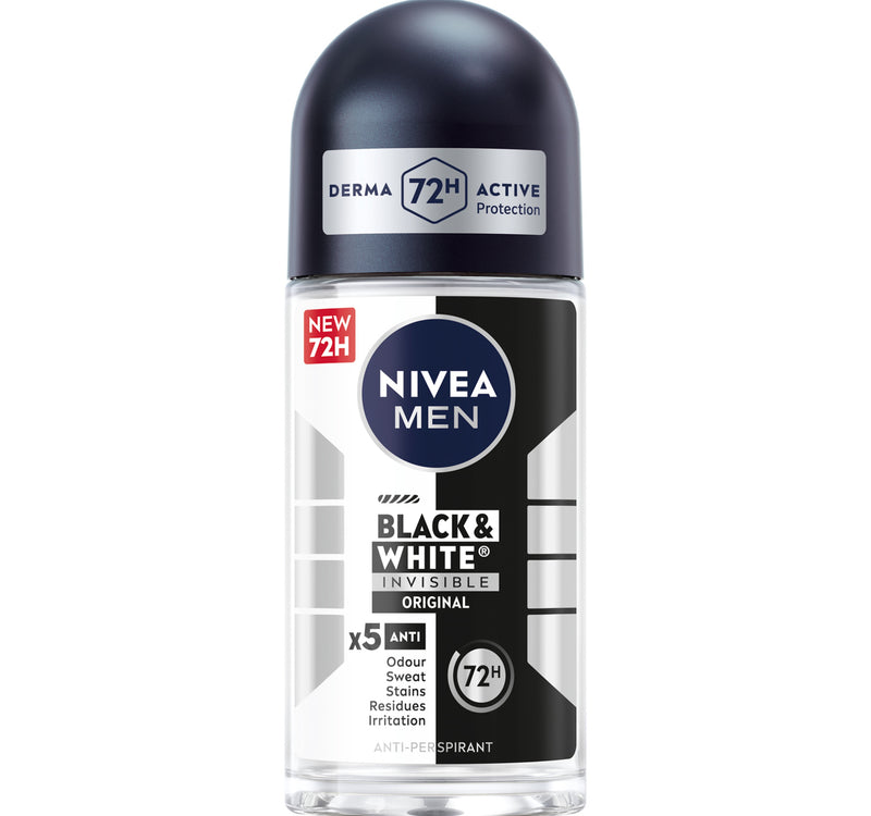 Nivea Men Black & White Invisible Antiperspirant Roll-On Deodorant Original 72H Active Protection 50 ml