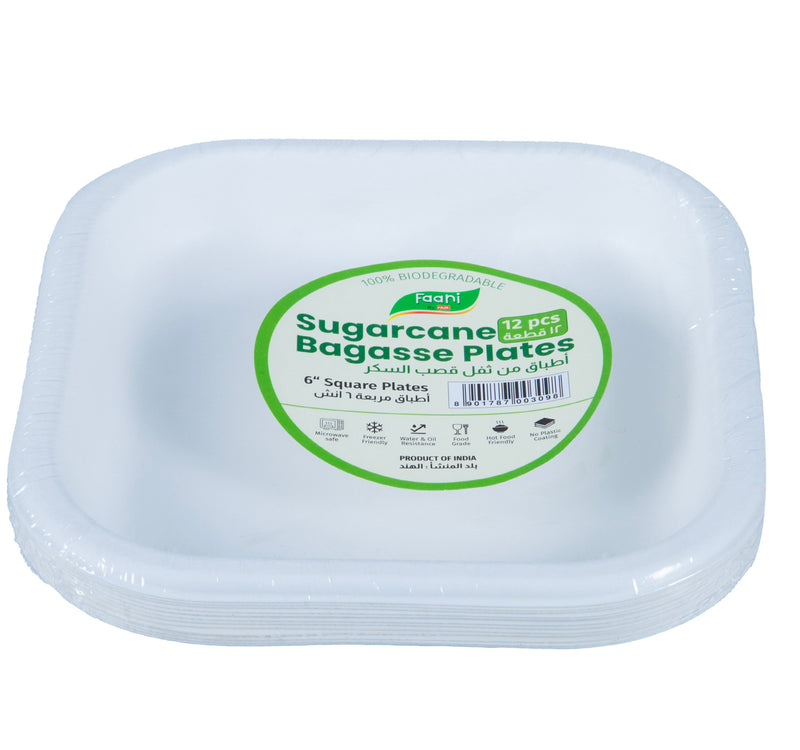 Faani Sugarcane Bagasse Square Plates 6" 12 pcs